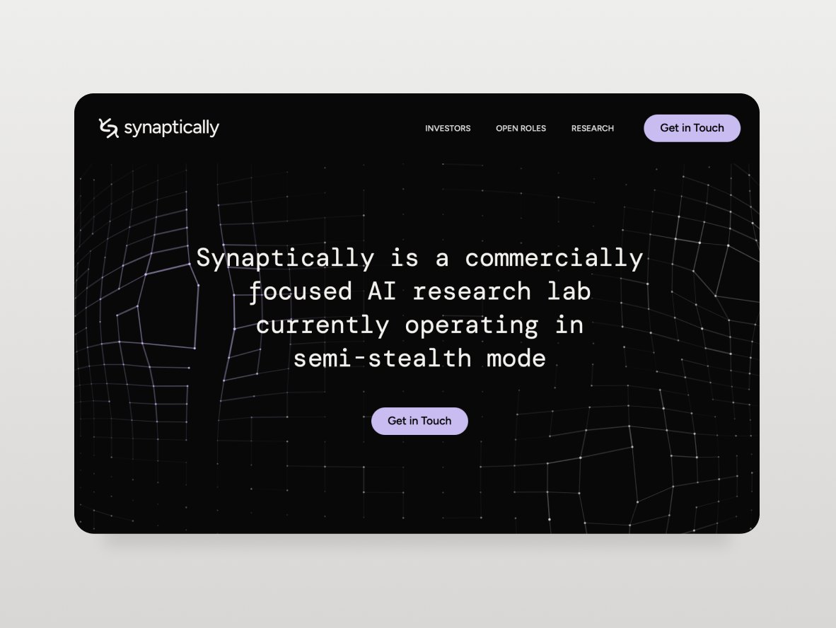 Synaptically website home page on a dark background: an AI research lab in semi-stealth mode